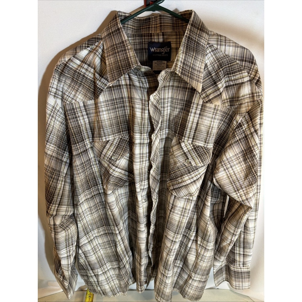 Wrangler Western Shirt Mens 3XL Pearl Snap Plaid Tan Long Sleeve Cotton Cowboy